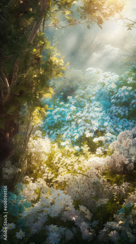 Fototapeta premium Phone wallpaper blue flowers. Generative AI Image