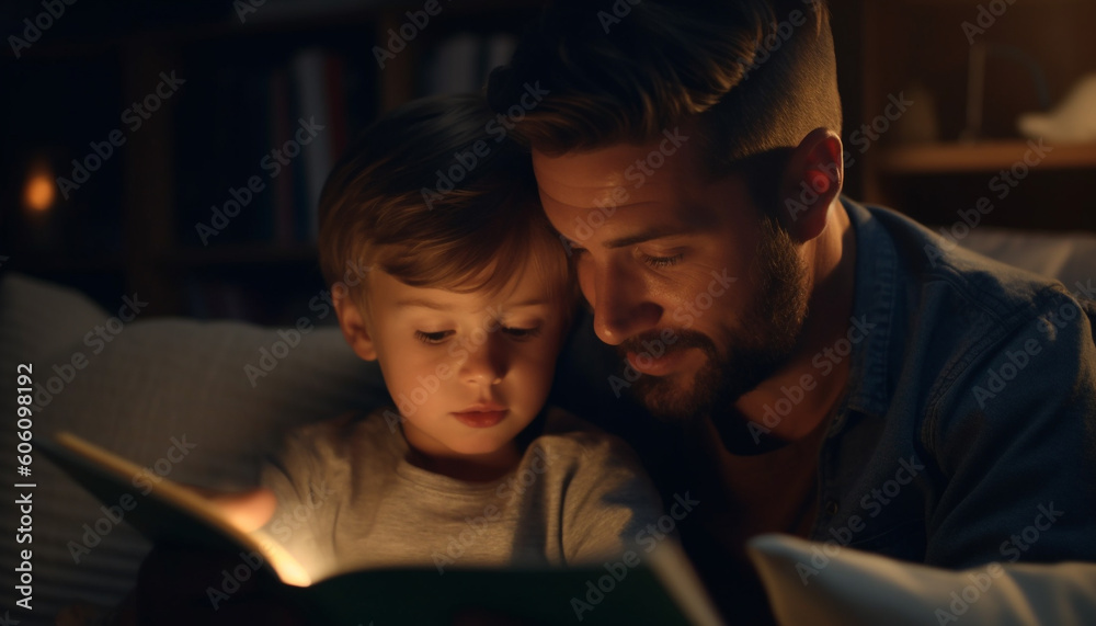 Father and son reading, bonding on sofa generated by AI Father and son reading, bonding on sofa generated by AI