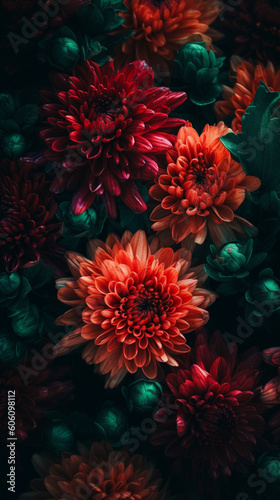 Phone wallpaper revealing red flowers in red and green colors. Generative AI Image