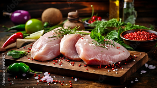 Fresh raw chicken breasts on cutting board with spices on wooden background Generative AI photo