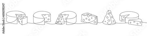 Cheese set one line continuous drawing. Different types of cheese continuous one line illustration. Vector minimalist linear illustration.