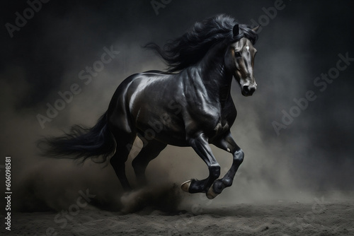 Black stallion galloping on dark dust background, generative AI