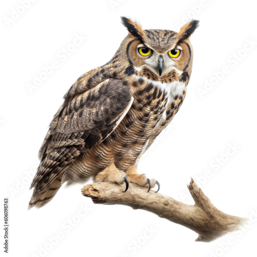 a Great-Horned Owl sitting, full body portrait, a nocturnal bird of prey, piercing eyes, Nature-themed, photorealistic illustrations in a PNG, cutout, and isolated. Generative AI