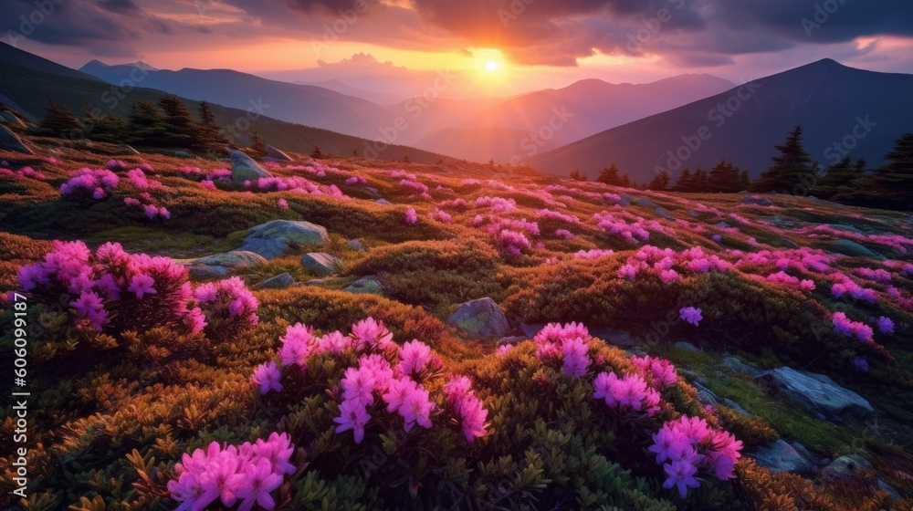 Alpine rhododendrons on the mountain fields. Generative AI Alpine rhododendrons on the mountain fields. Generative AI