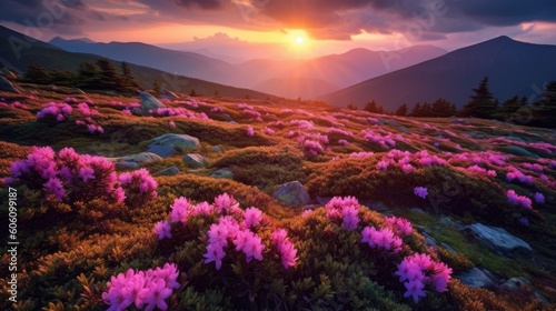 Alpine rhododendrons on the mountain fields. Generative AI