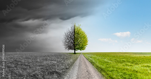 Weg durch eine graue und eine Grüne Landschaft photo