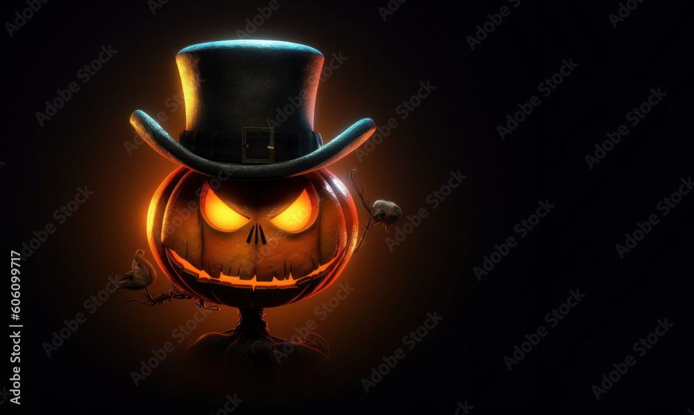 Scary glowing Halloween pumpkin in hat on dark background with copy space.  AI generative