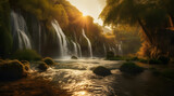 Beautiful waterfalls surrounded by lush greenery during golden hour, Generative AI