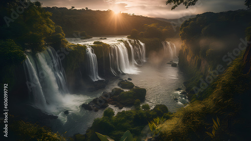 Beautiful waterfalls surrounded by lush greenery, golden hour, Generative AI