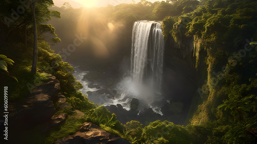 Beautiful waterfall surrounded by lush greenery  golden hour  Generative AI