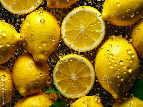Fresh yellow lemon slice pattern on the water for background. Texture and pattern. Generative Ai.