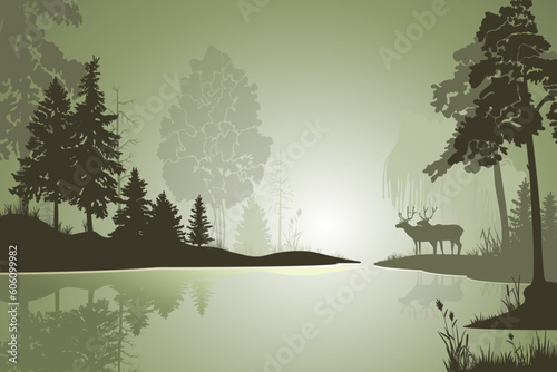 Forest landscape  with trees, lake,  deer silhouettes, sunset, sunrise,  green background, vector illustration.