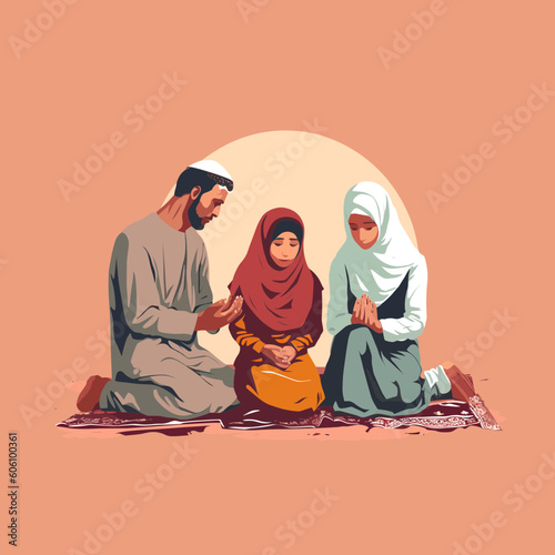 Praying muslim family.  Vector illustration of an islamic man, woman and child.