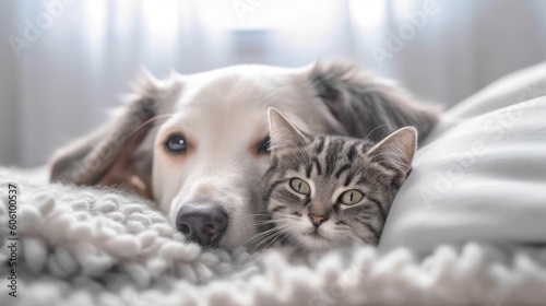 Best friends. Kitten and puppy under blanket. AI generative image.