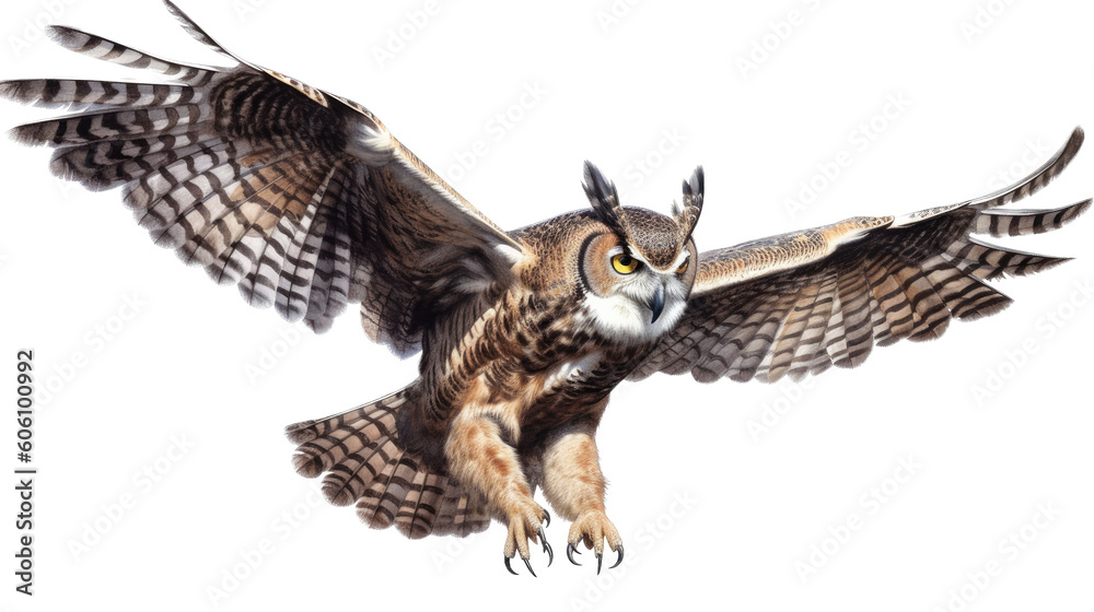 Fototapeta premium a Great-Horned Owl, in flight, 3/4 view, a nocturnal bird of prey, piercing eyes, Nature-themed, photorealistic illustrations in a PNG, cutout, and isolated. Generative AI