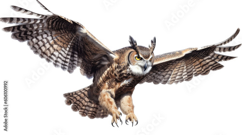 a Great-Horned Owl, in flight, 3/4 view, a nocturnal bird of prey, piercing eyes, Nature-themed, photorealistic illustrations in a PNG, cutout, and isolated. Generative AI