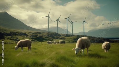 Sheep grazing near wind turbines on the mountain. Generative AI