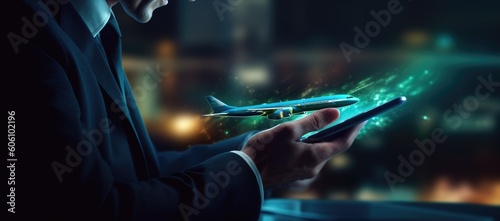 travel agency businessman hands holding airplane icon on the screen, ai generative photo