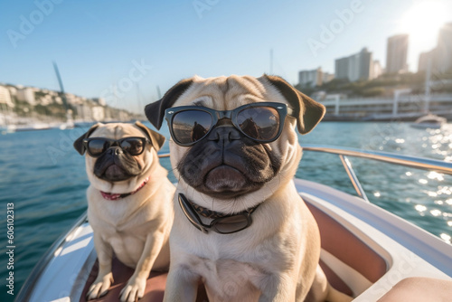 Sunshine Pugs on a Yacht: Bulldog Duo Capturing Memories, generative AI © Ash