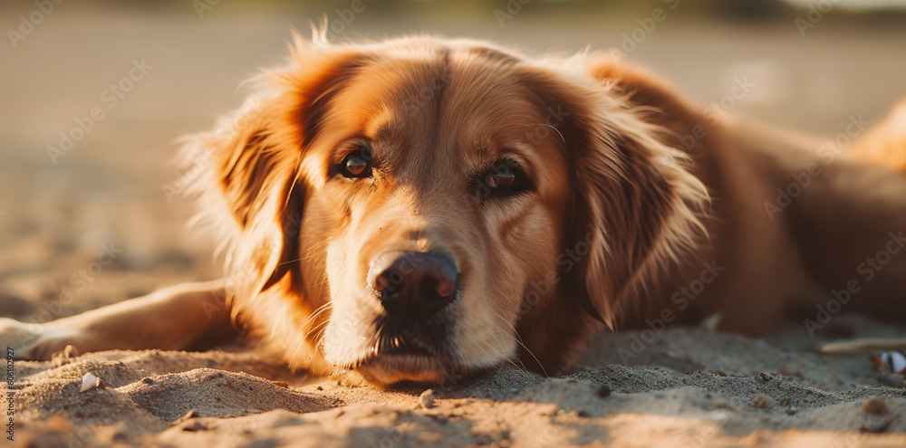 a golden retriever dog with a drink on the beach and sunny tan, in the style of exotic, modern, virtual reality