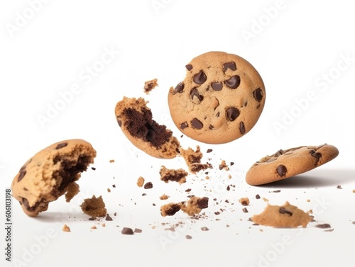 falling broken chip cookies on white background 