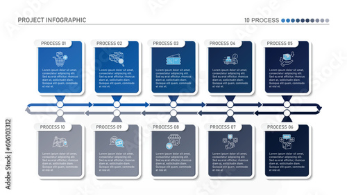 Horizontal timeline or flowchart with ten square elements and space for data. Concept of 10 successive steps of company process.