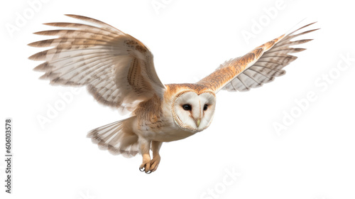 a Barn Owl, in flight, 3/4 and side views, a bird of prey, Silent hunter, aerial hunter Nature-themed, photorealistic illustrations in a PNG, cutout, and isolated. Generative AI