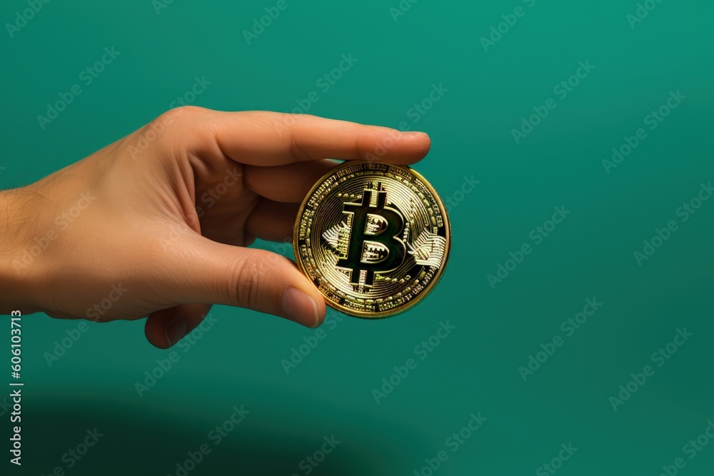 Hand holding bitcoin on green background, bitcoin investment concept, Generative AI Hand holding bitcoin on green background, bitcoin investment concept, Generative AI