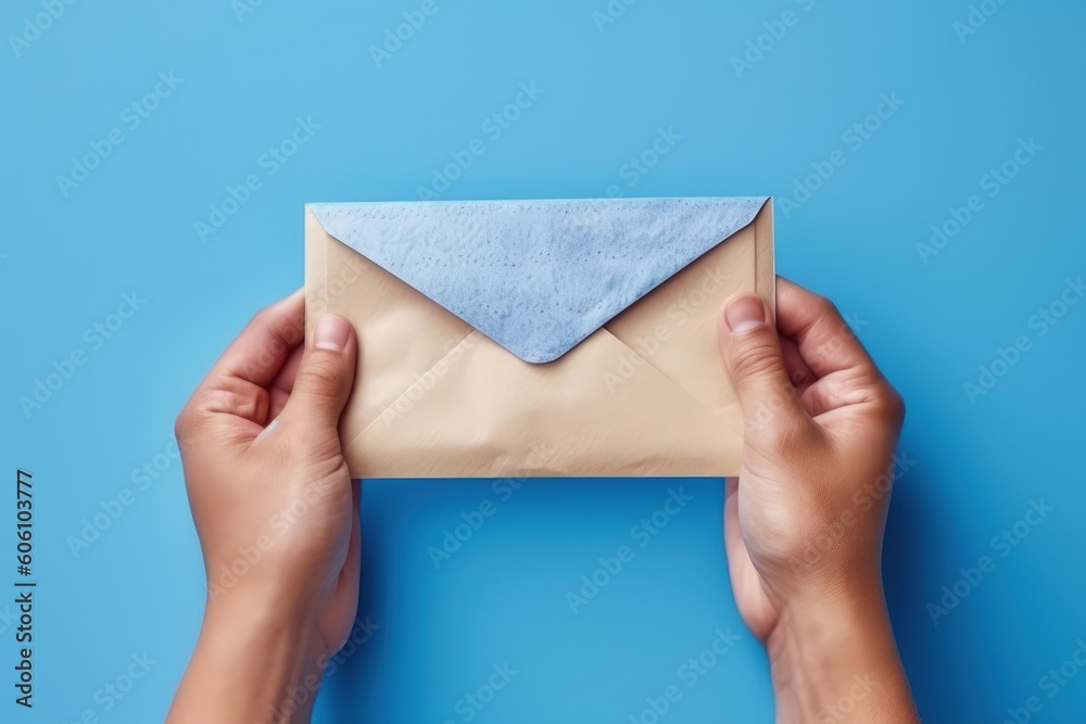 Fototapeta premium Hands holding paper envelope, blue background, Generative AI