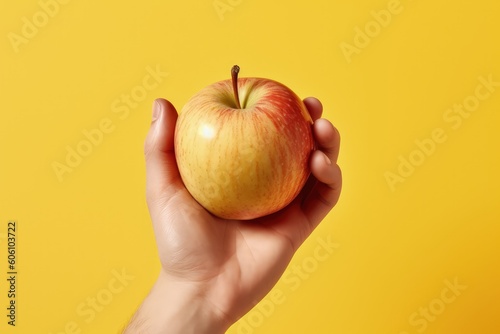 Hand holding apple on yellow background, Generative AI