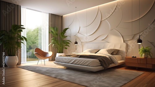 General view of luxury bedroom interior with bed and window