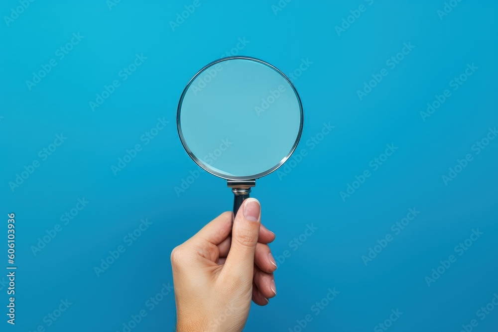 Hand holding magnifying glass on blue background, Generative AI Hand holding magnifying glass on blue background, Generative AI