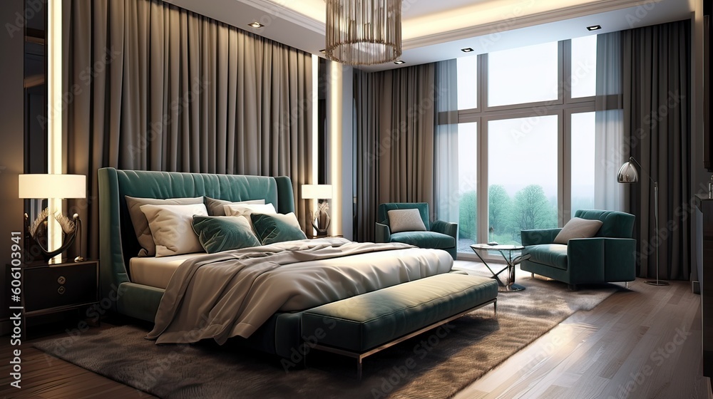 General view of luxury bedroom interior with bed and window