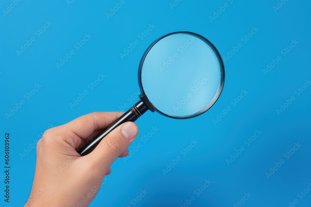 Hand holding magnifying glass on blue background, Generative AI Hand holding magnifying glass on blue background, Generative AI