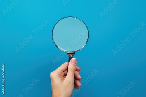 Hand holding magnifying glass on blue background, Generative AI