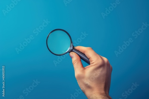 Hand holding magnifying glass on blue background, Generative AI