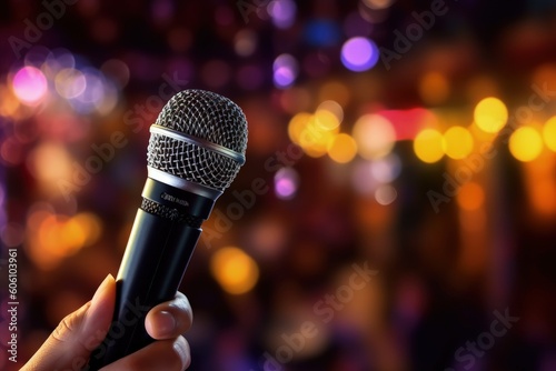 Hand holding microphone on bokeh background, Hand and microphone on background with blurred lights, Generative AI