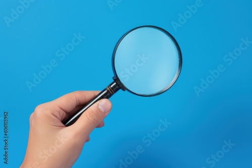 Hand holding magnifying glass on blue background, Generative AI