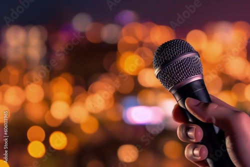 Hand holding microphone on bokeh background, Hand and microphone on background with blurred lights, Generative AI