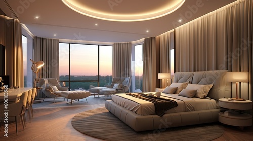 General view of luxury bedroom interior with bed and window © Viktor