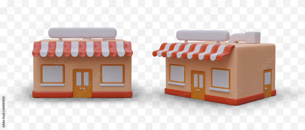 3D shop buildings with bright striped canopies. Two images from different angles. Online shopping. Illustration for design of store advertisement, mobile application, banner, poster, flyer