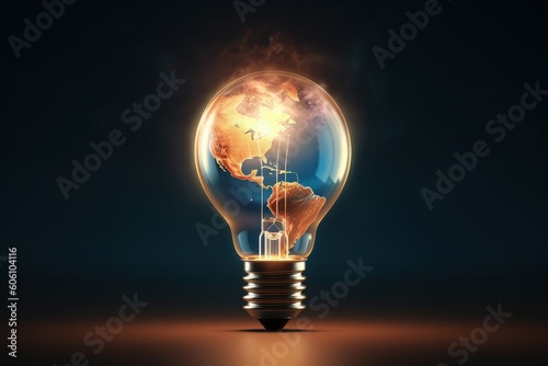 Light bulb with earth planet bulb, environment preservation concept, black background, Generative AI

