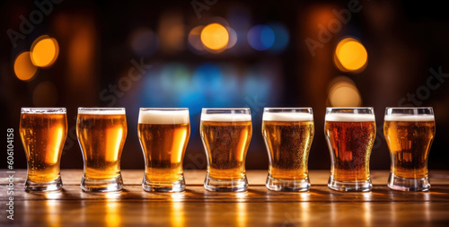 Glasses of beer in a line, on wooden table or bar counter with defocus cafe interior. October fest banner.