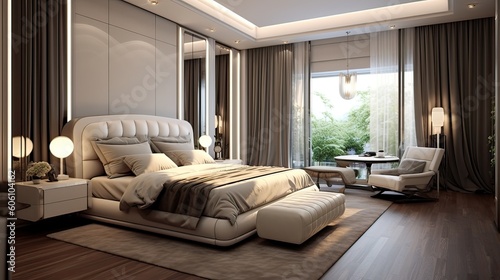 General view of luxury bedroom interior with bed and window