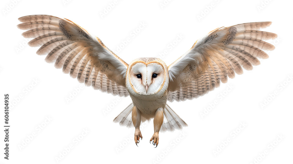 Fototapeta premium a Barn Owl, in flight, front view, a nocturnal bird of prey, piercing eyes, Nature-themed, photorealistic illustrations in a PNG, cutout, and isolated. Generative AI