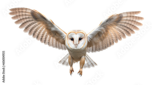 a Barn Owl, in flight, front view, a nocturnal bird of prey, piercing eyes, Nature-themed, photorealistic illustrations in a PNG, cutout, and isolated. Generative AI © Purple Penguin GFX