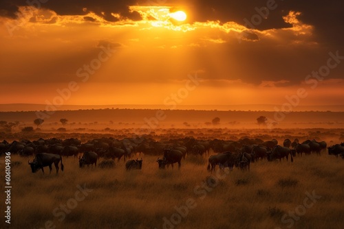 Breathtaking African Savannah Sunset: Wildebeest Migration and Natural Phenomena generative AI