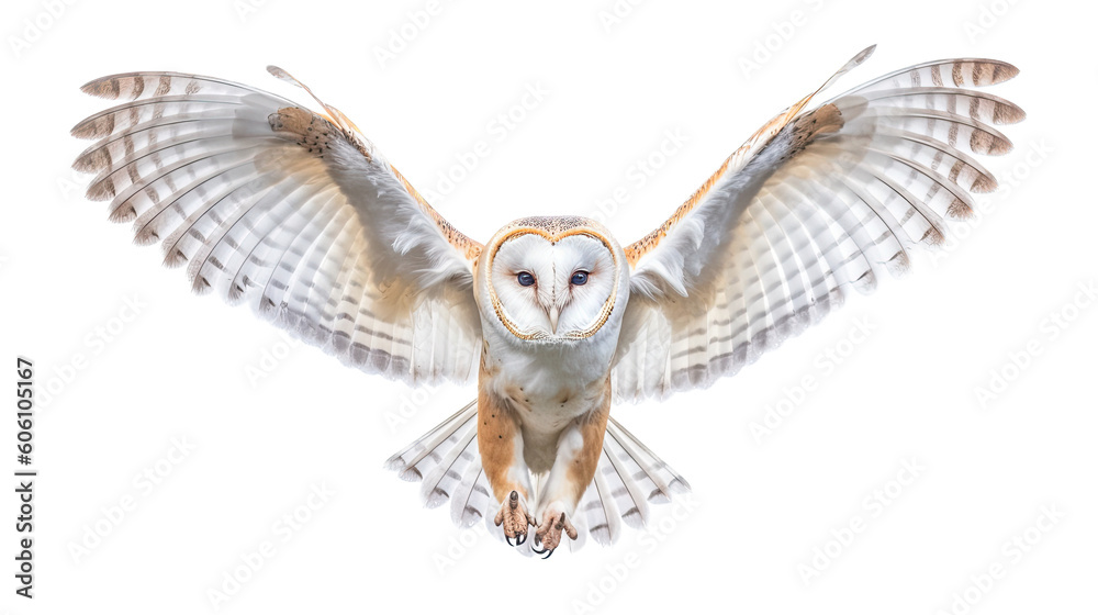 Naklejka premium a Barn Owl, in flight, front view, a nocturnal bird of prey, piercing eyes, Nature-themed, photorealistic illustrations in a PNG, cutout, and isolated. Generative AI