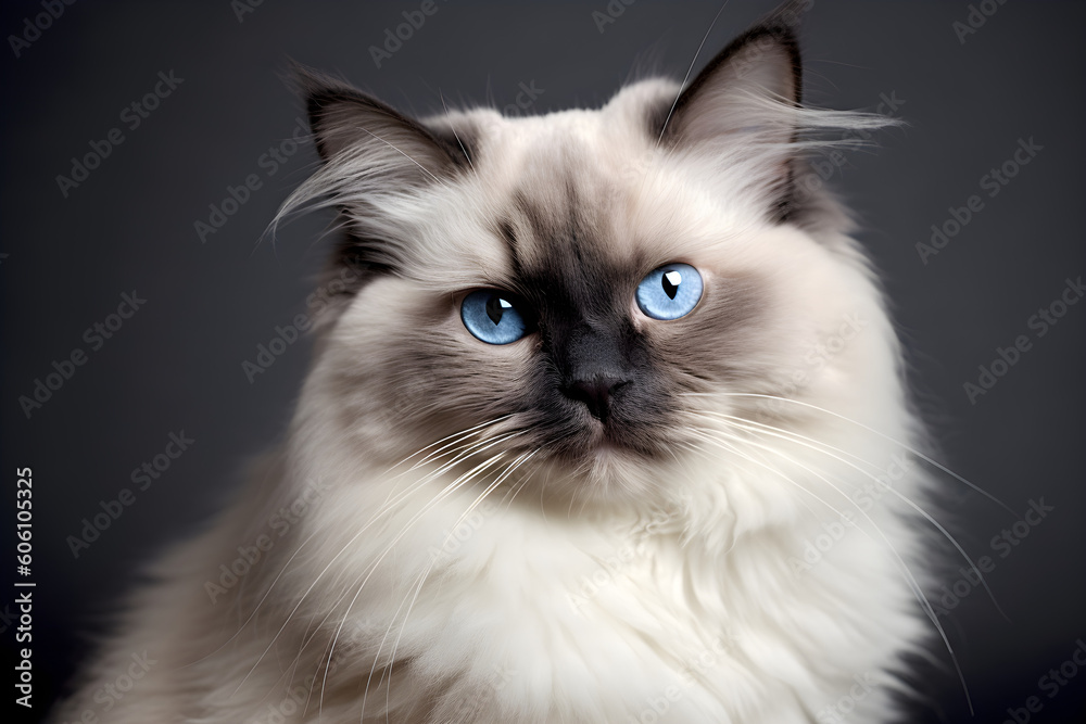 Blue eyed white cat portrait studio shot