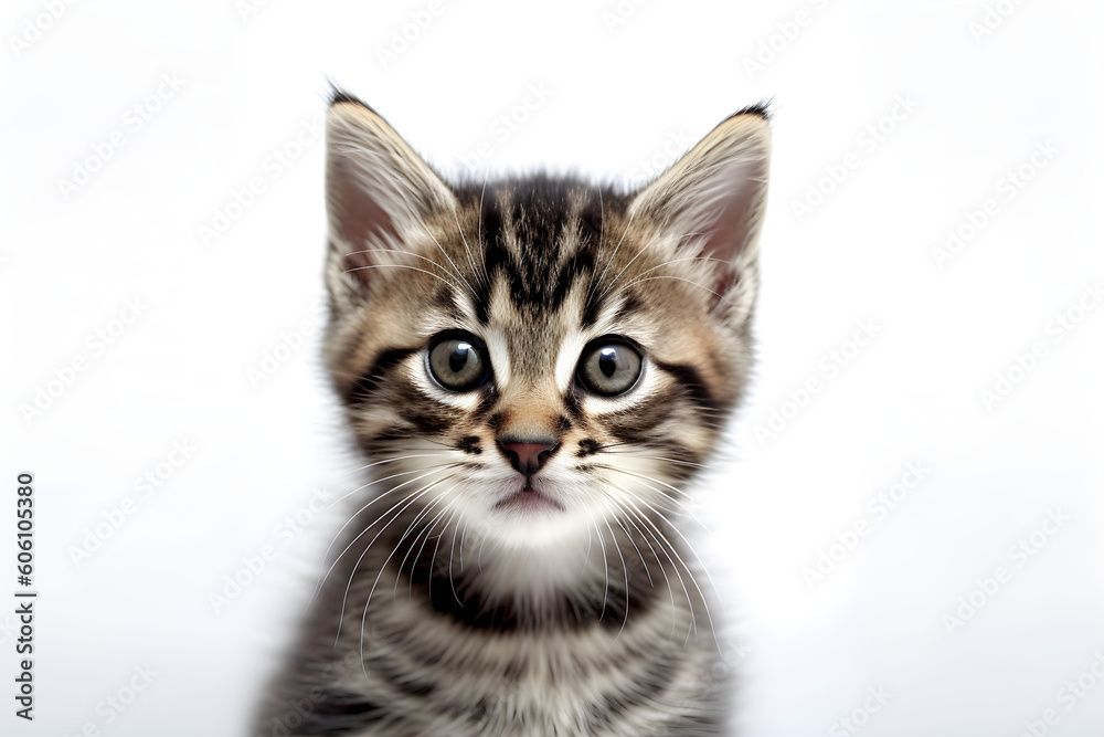 Tabby kitten portrait isolated white studio shot